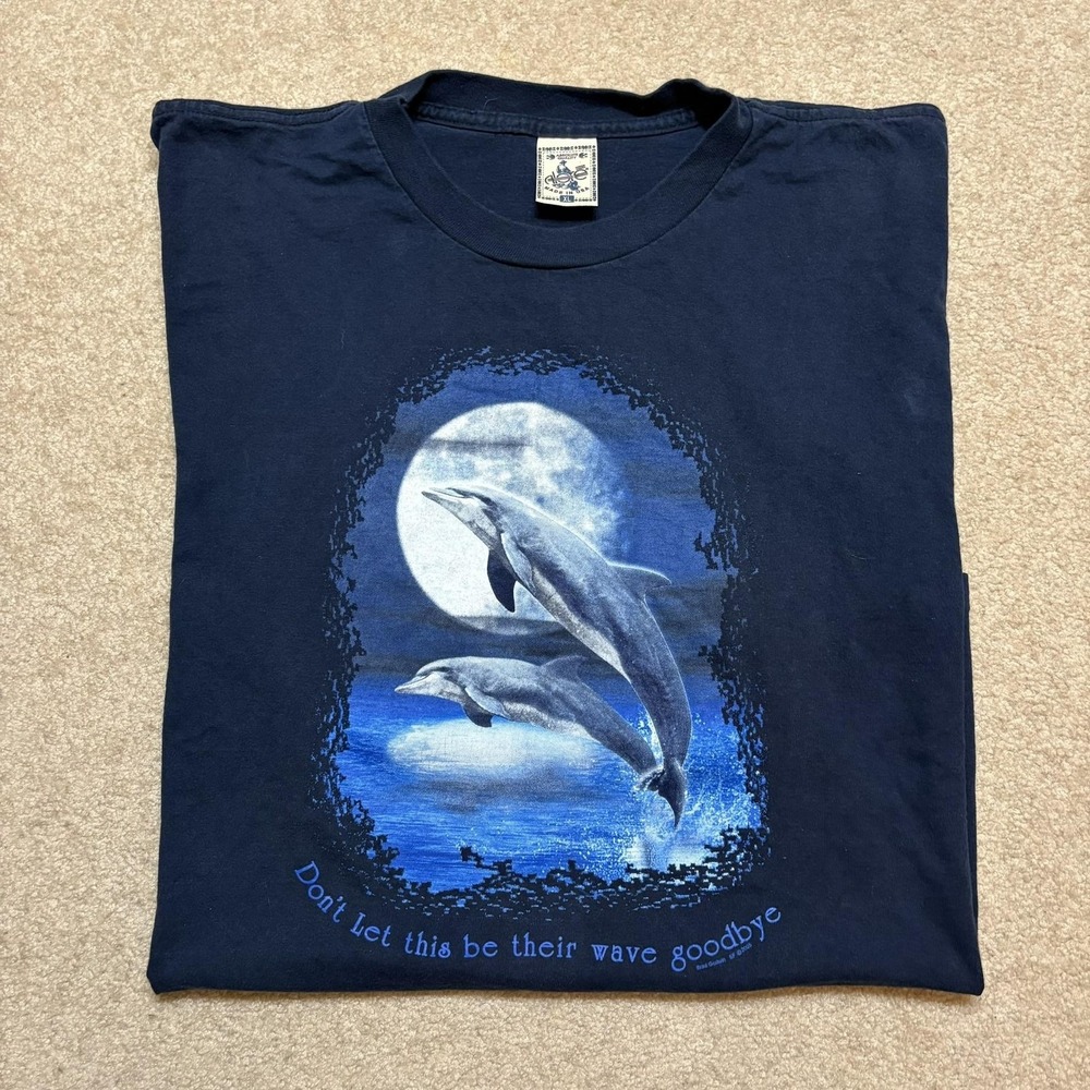 Vtg Dolphins‎ Shirt Mens XL Blue Moon Nature Ocean Sea Graphic Made USA 90s Tee